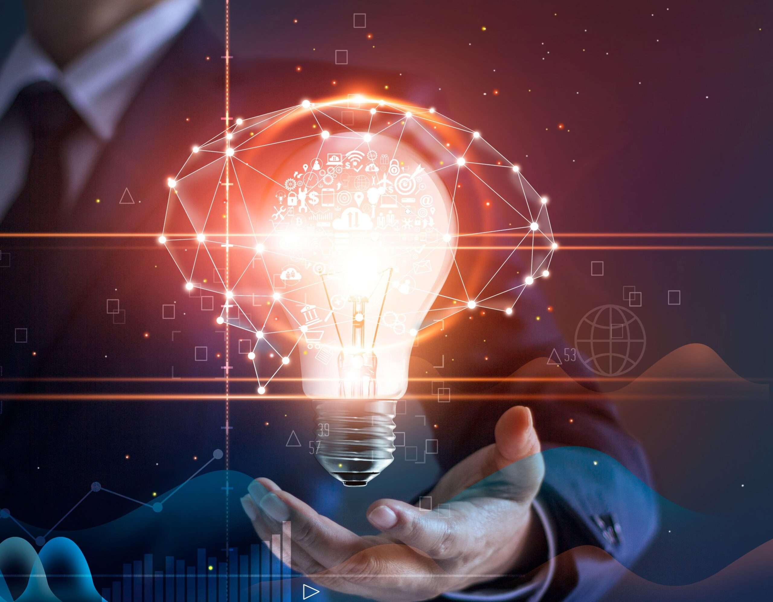 Businessman Holding Light Bulb And Brain Network With Icon Business And Technology, Innovative In Futuristic, Network Connection On Virtual Interface Background, Abstract, Innovation And Business Technologies Concept.